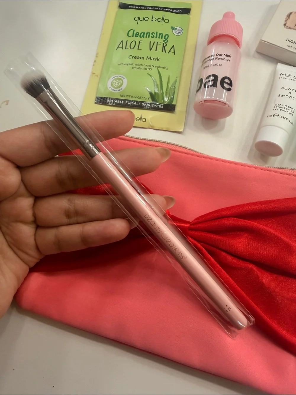 ipsy Pink and Red Bow Cosmetic Bag with Makeup Accessories